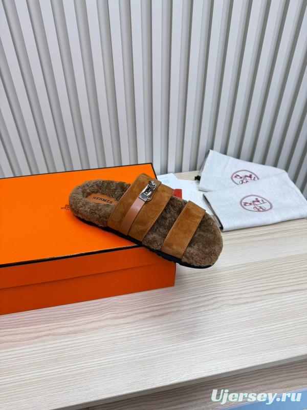 2024 Slippers Hermès Brown Suede Shearling Slippers MJ00300