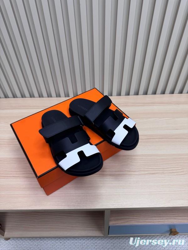 2025 Slippers Hermès Black White Leather Slippers
