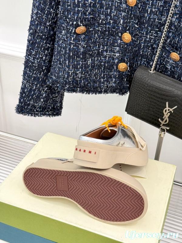 2025 Women Yves Saint Laurent Silver Leather Platform Sneakers With Orange And Beige Laces YSL123(F)