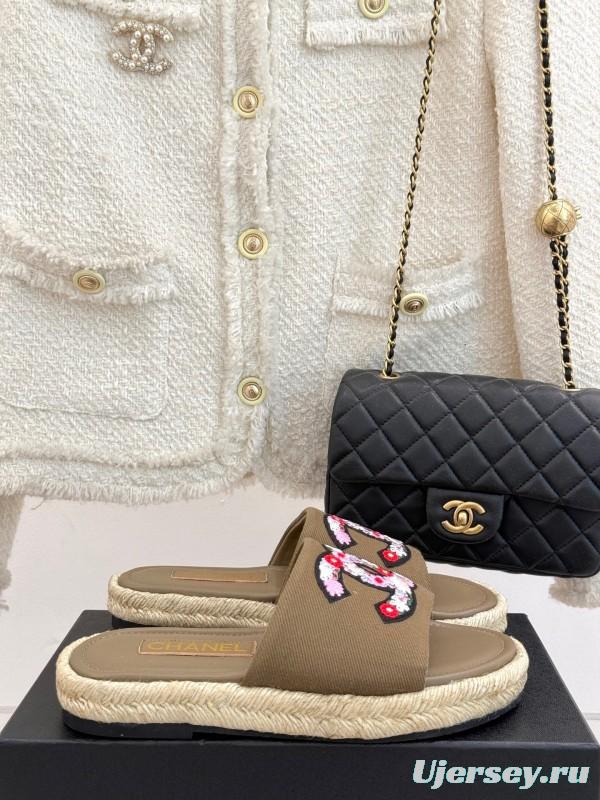 2025 Women Chanel Khaki Embroidered Lambskin Slippers KFY00230