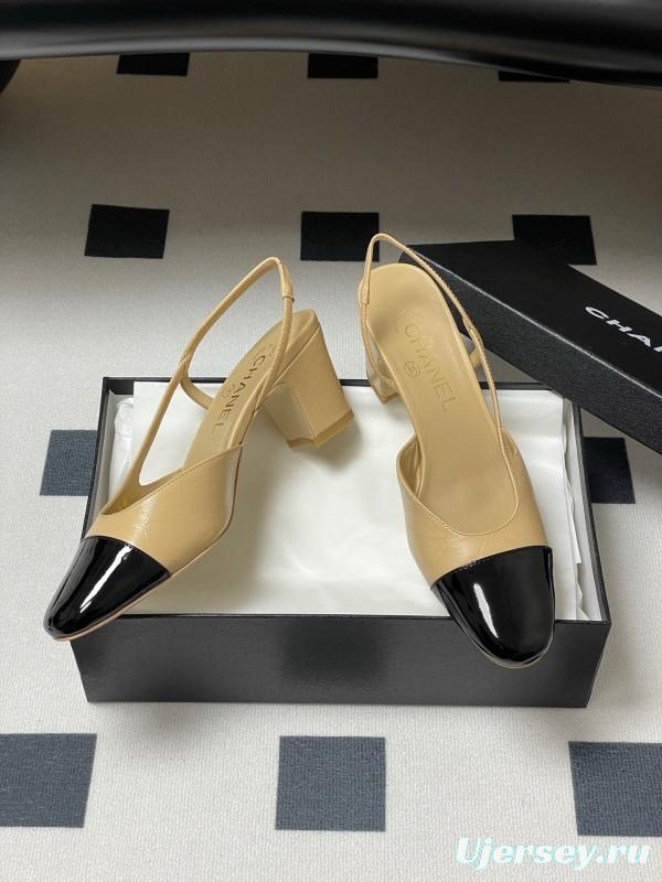 2025 Women Chanel Beige Black Leather Sling-back Classic Heel