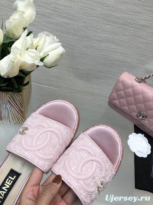 2025 Women Chanel Pink Tweed Platform Slippers LY00320