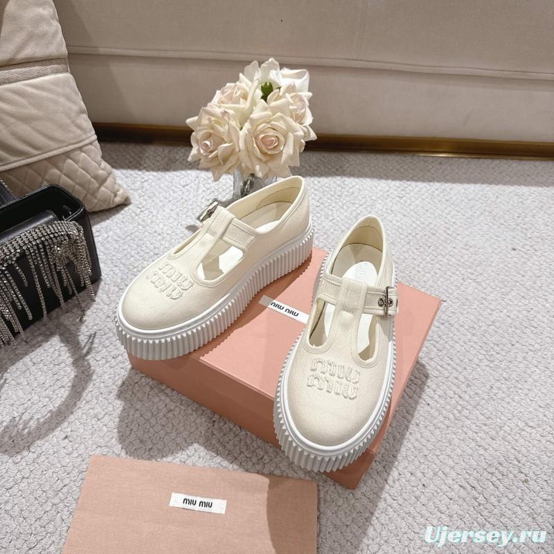 2025 Women Miu Miu White Canvas Platform Mary Jane LY00270