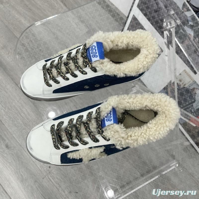 2025 Women GGDB White Navy Blue Leather Shearling Sneakers