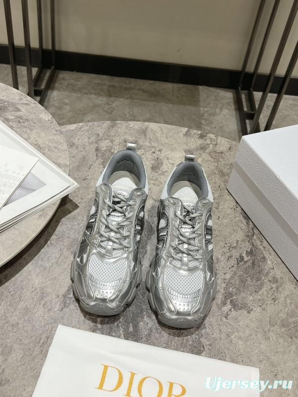 2025 Women Dior Silver Mesh Leather Running Sneakers