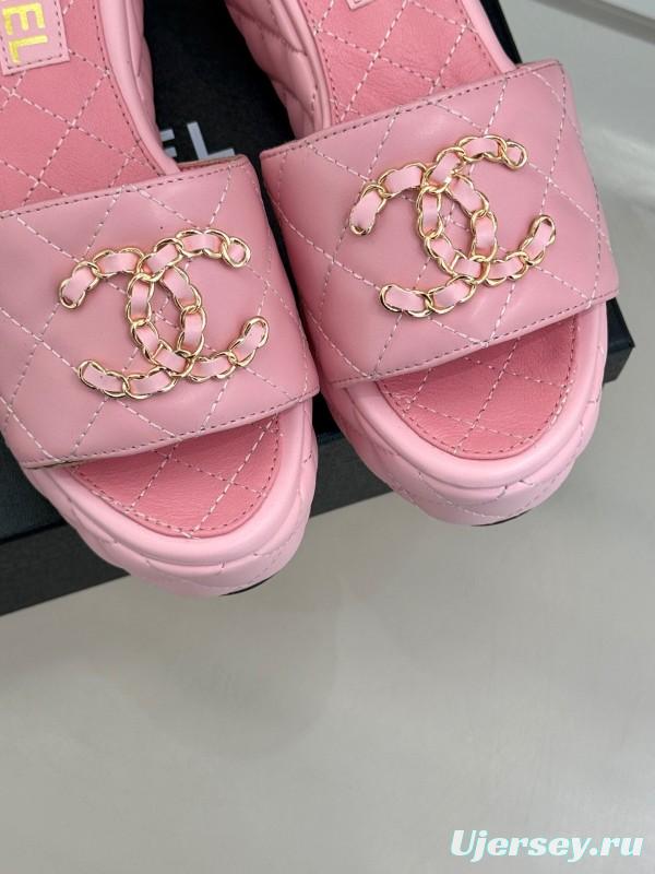 2025 Women Chanel Pink Leather Platform Slide Sandals