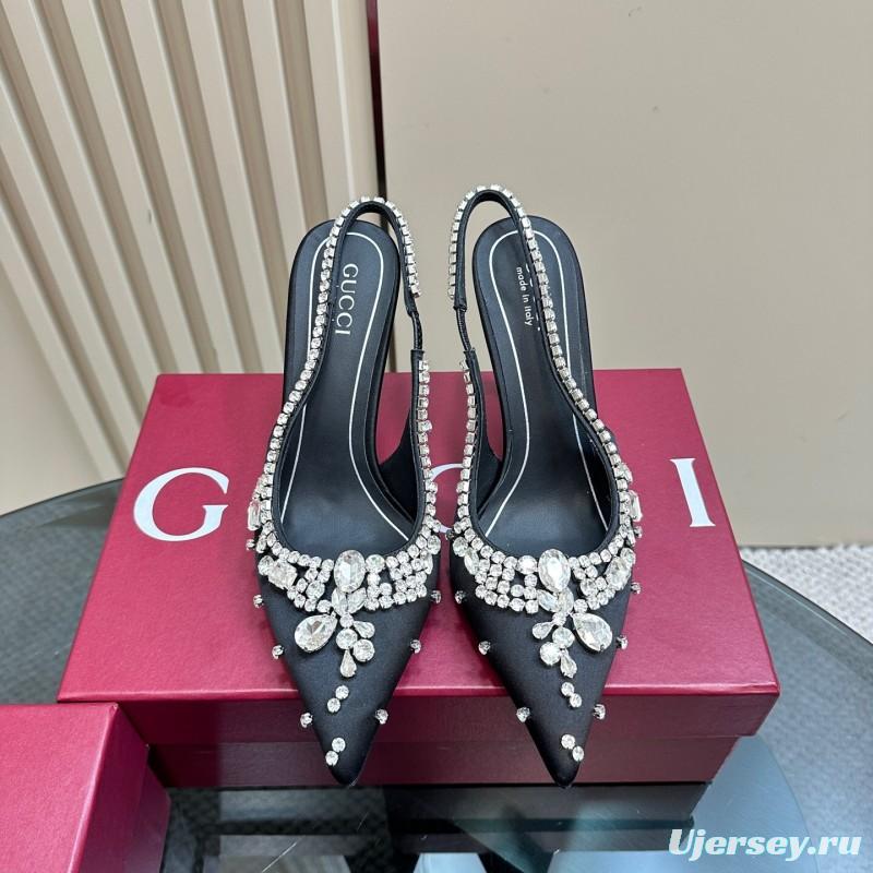 2025 Women Gucci Black Satin Crystal Embellished Slingback Heels