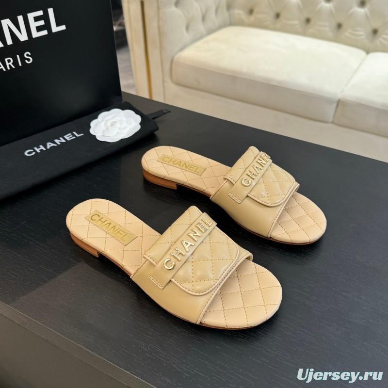 2025 Women Chanel Beige Leather Slippers