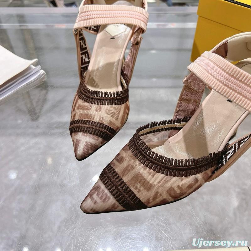 2025 Women Fendi Beige Brown Fabric Leather High Heels MJ00280