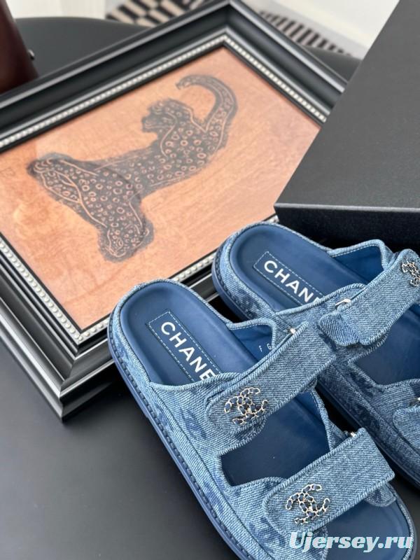 2025 Women Chanel Blue Denim Leather Slippers LY00310