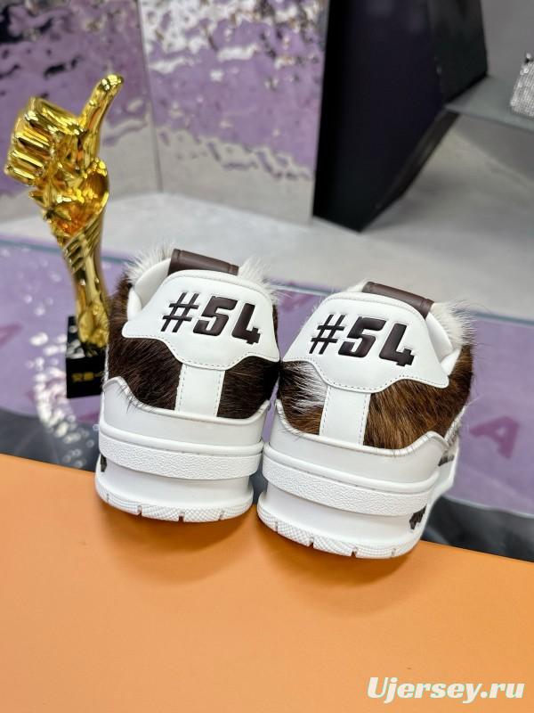 2024 Unisex Louis Vuitton Brown White Leather Calf Hair Plimsolls LV Trainer Maxi MJ00400