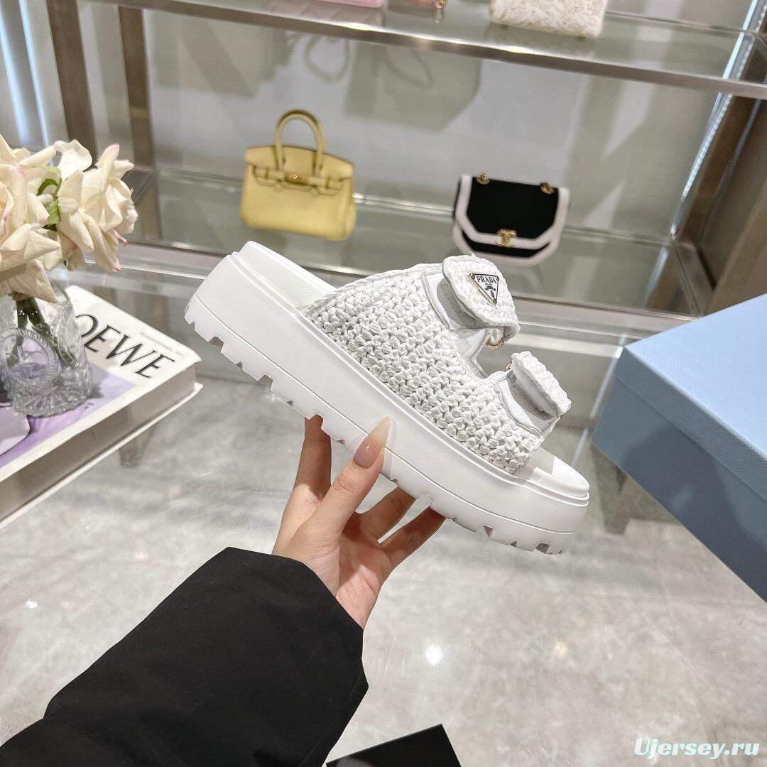2025 Women Prada White Knit Leather Slippers