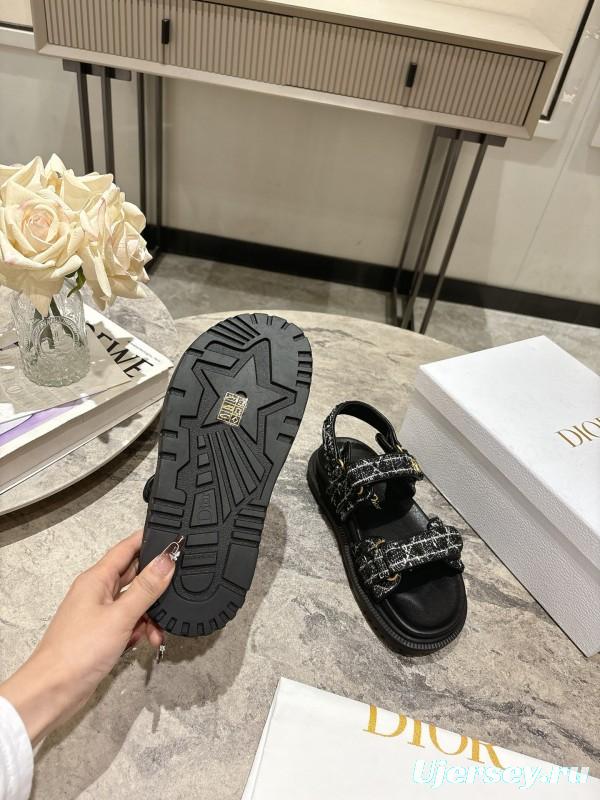 2025 Women Dior Black Fabric Leather Sandals KFY00300