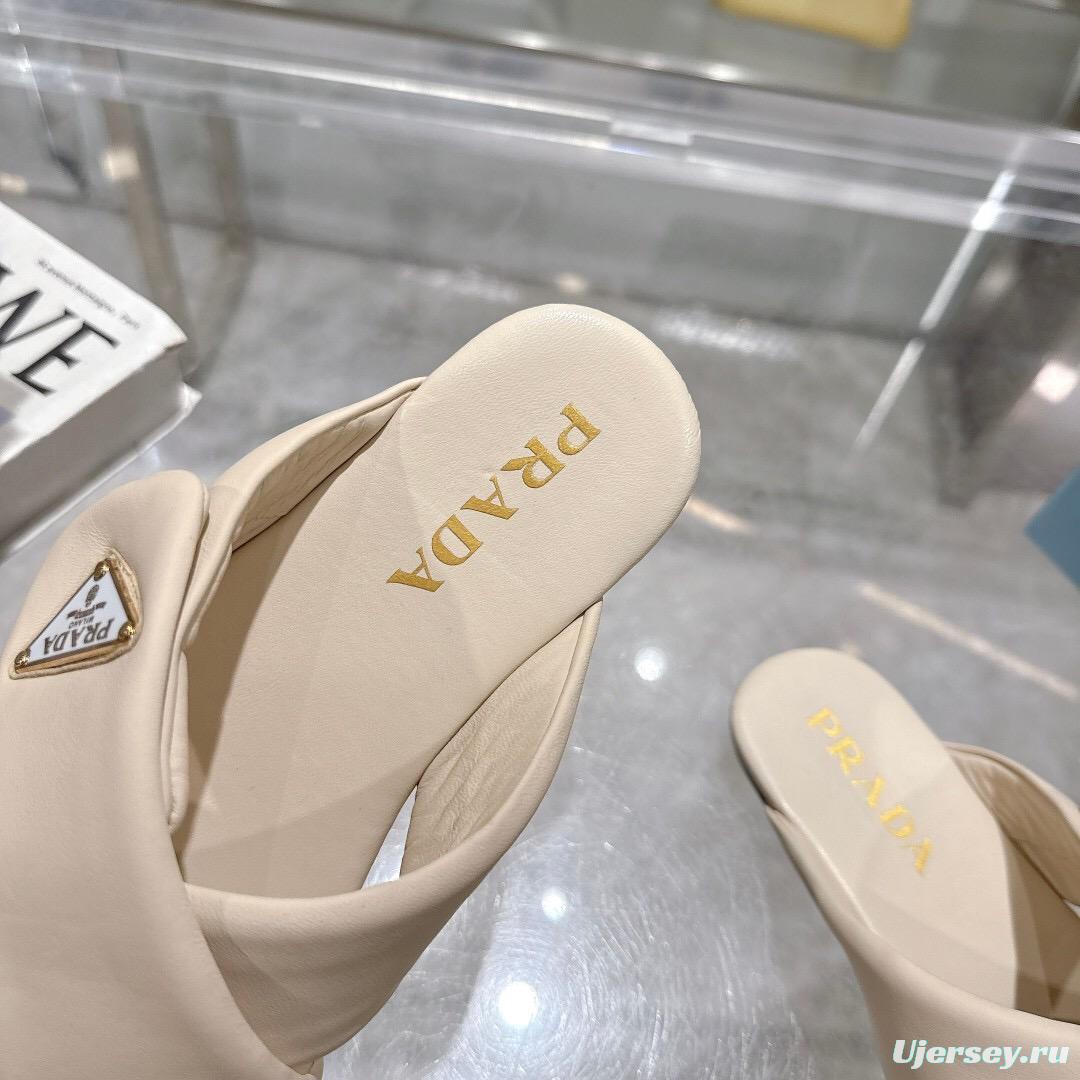 2025 Women Prada Cream Leather Slippers