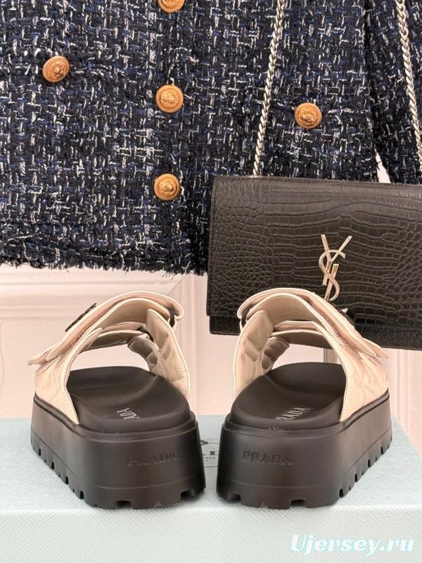 2025 Slippers Prada Beige Leather Magic Tape Platform Thick Sole