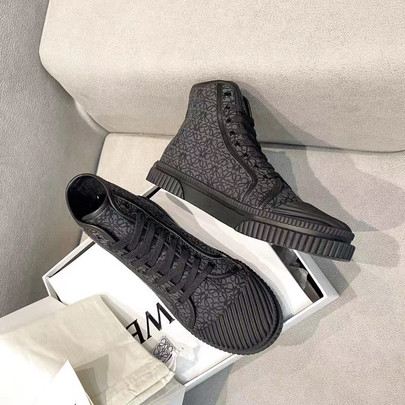 2025 Women Loewe Black Fabric Leather High-Top Sneakers LY00291