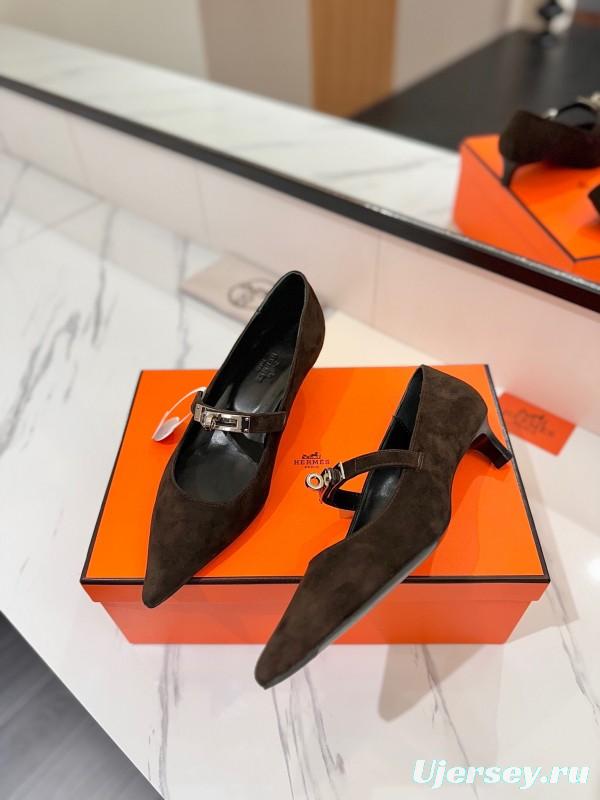 2025 Women Hermès Black Suede Mary Jane Shoes KFY00330