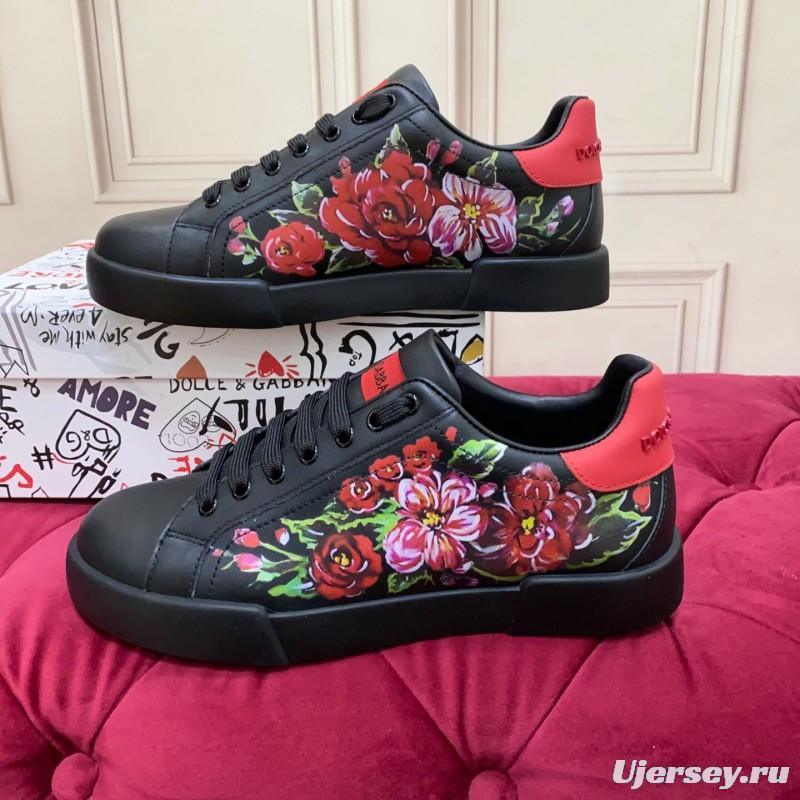 2025 Women Dolce & Gabbana Black Red Leather Sneakers Floral LY00300