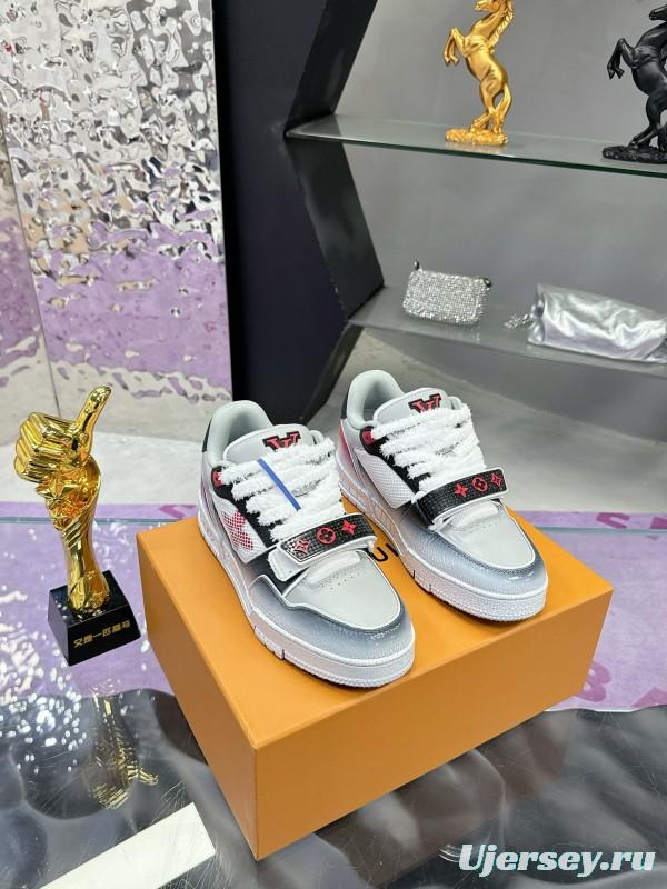 2024 Unisex Louis Vuitton White Gray Pink Leather Mesh Trainer