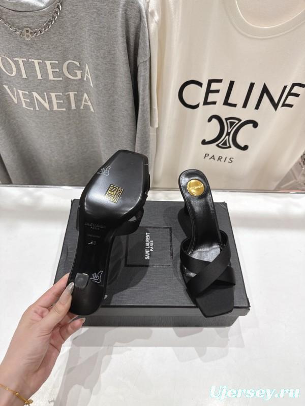 2025 Women Yves Saint Laurent Black Leather High Heel Slide Sandals With Gold Medallion Detail - LY00360(F)