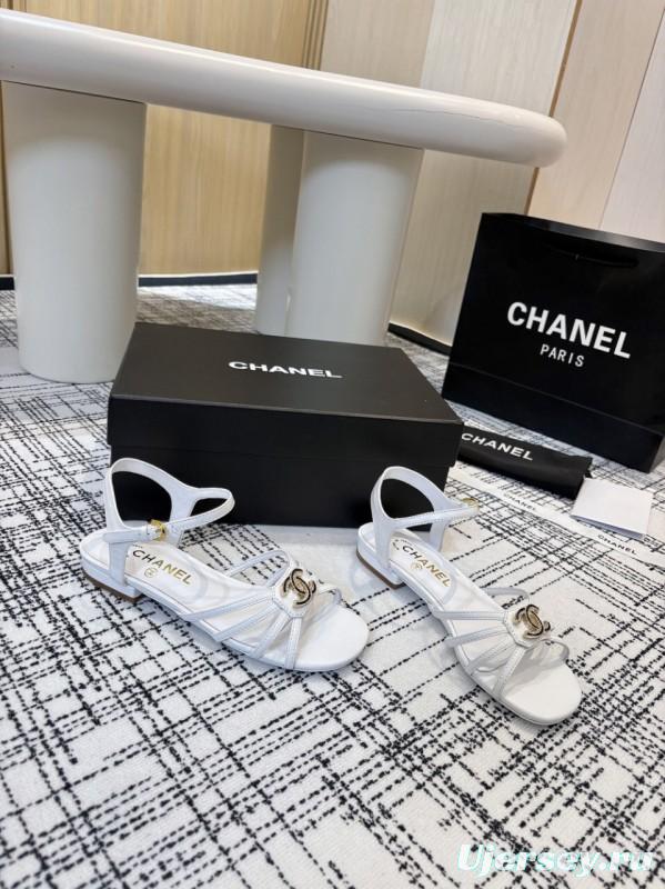 2025 Women Chanel White Leather Sandals LY00270
