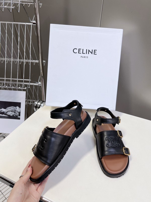 2025 Women Celine Black Leather Sandals Buckle KFY00280