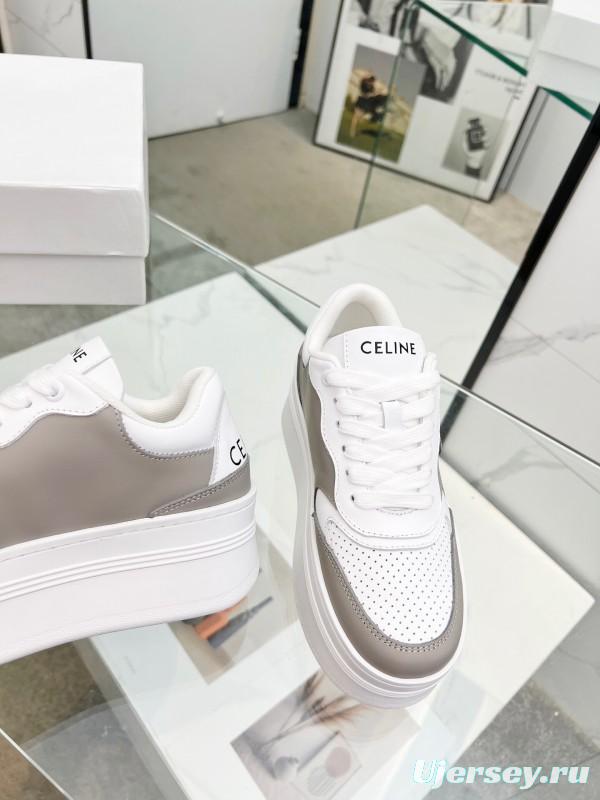 2025 Women Celine White Grey Leather Block Triomphe Sneakers LY00270