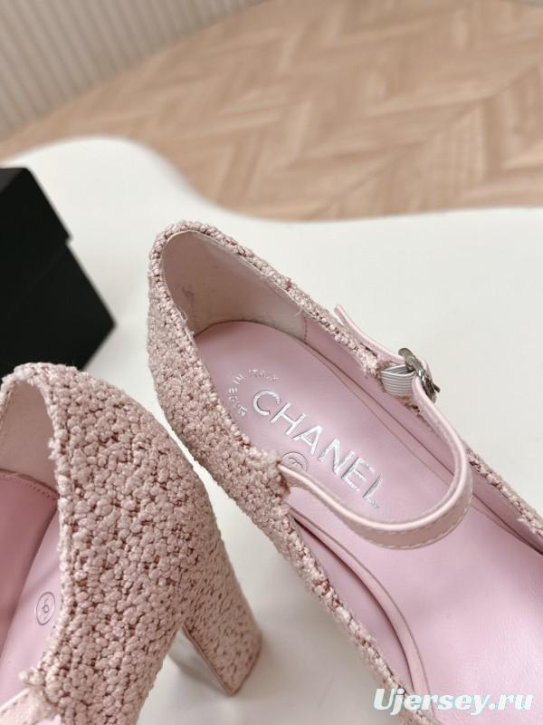 2025 Women Chanel Pink Black Wool Platform Mary Jane KFY00330