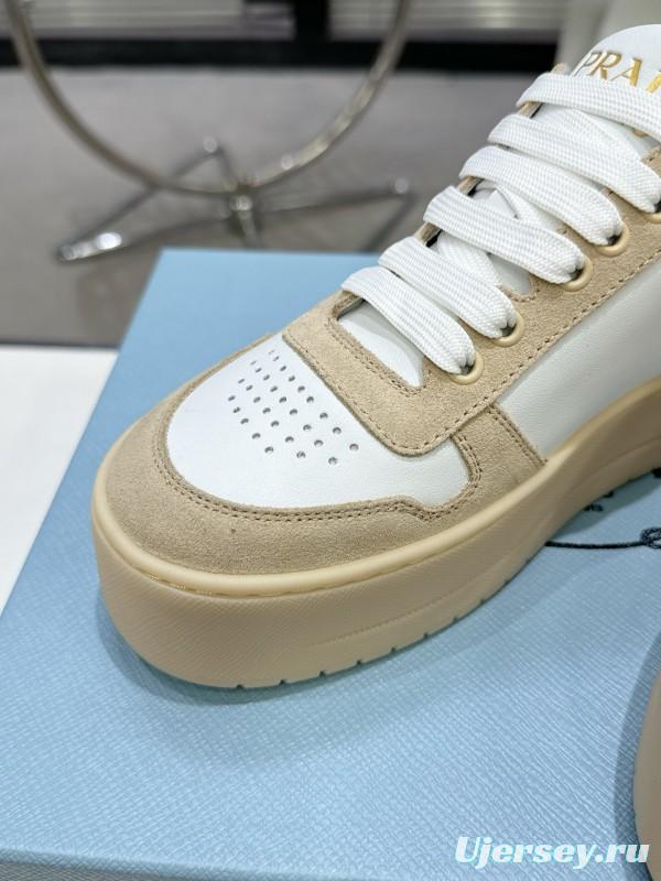 2025 Women Prada White Beige Leather Sneakers