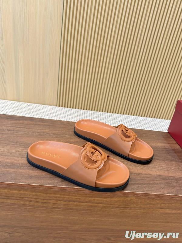 2025 Women Gucci Brown Leather Slides LY00230