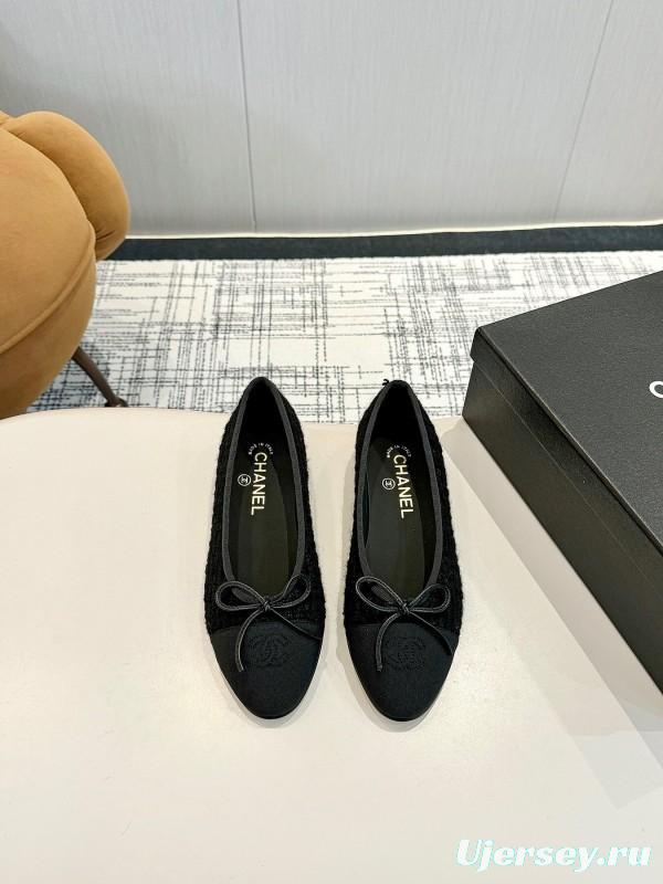 2025 Women Chanel Black Lambskin Tweed Ballet Flats LY00250