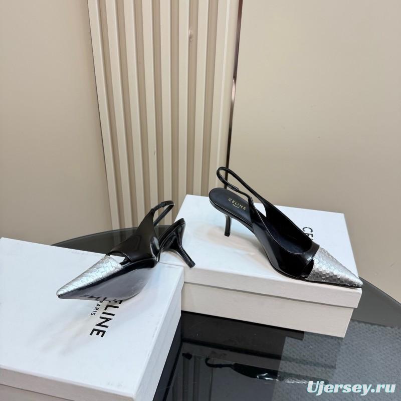 2025 Women CELINE Black White Leather Slingback Heels KFY00310