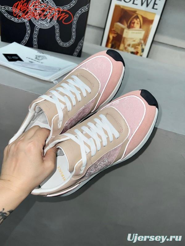 2025 Women VERSACE Pink Beige Suede Leather Sneakers Embroidery LY00320