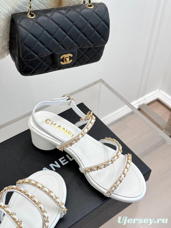 2025 Women Chanel White Leather Chain Strap Sandals
