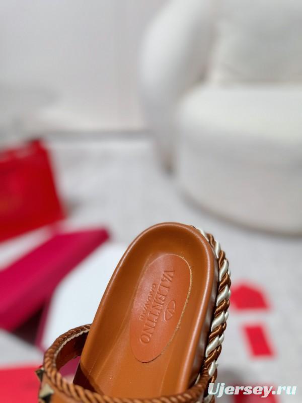 2025 Women Valentino Brown Leather Sandals Braided Rope Sole LY00250