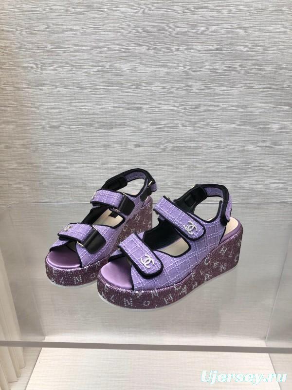 2025 Slippers Chanel Purple Fabric Wedge Sandals