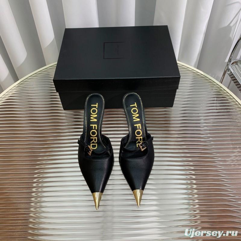 2025 Women TOM FORD Black Gold Leather Heeled Mules KFY00300