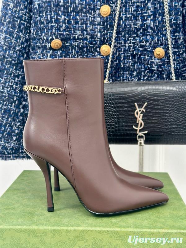 2024 Women Gucci brown calf leather ankle boots chain MJ00410