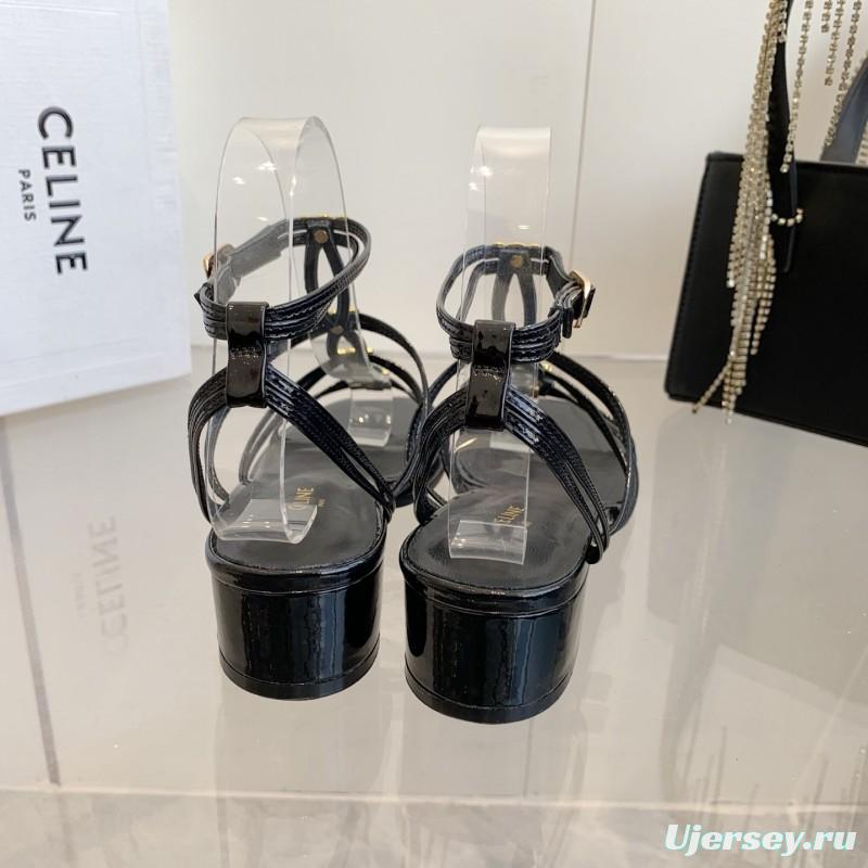 2025 Women Celine Black Patent Leather Sandals