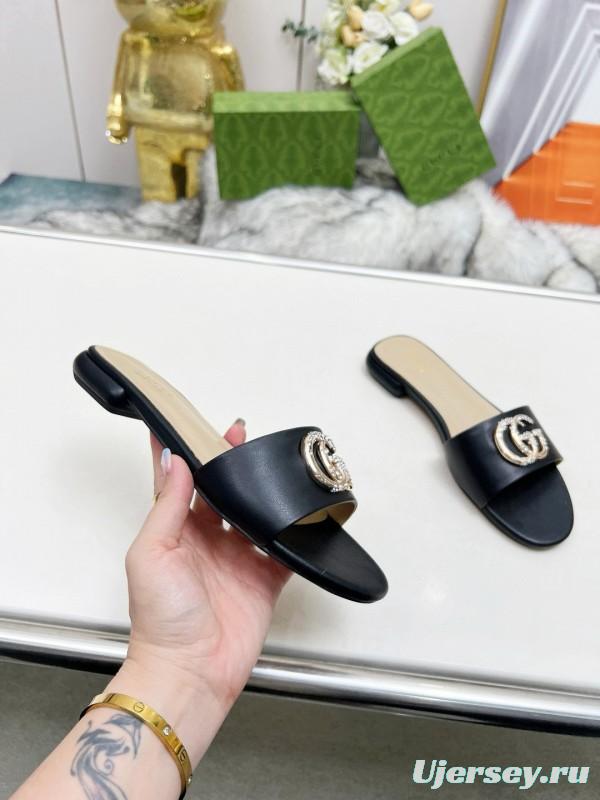 2025 Gucci Black Leather Slippers Double G Buckle MJ00190