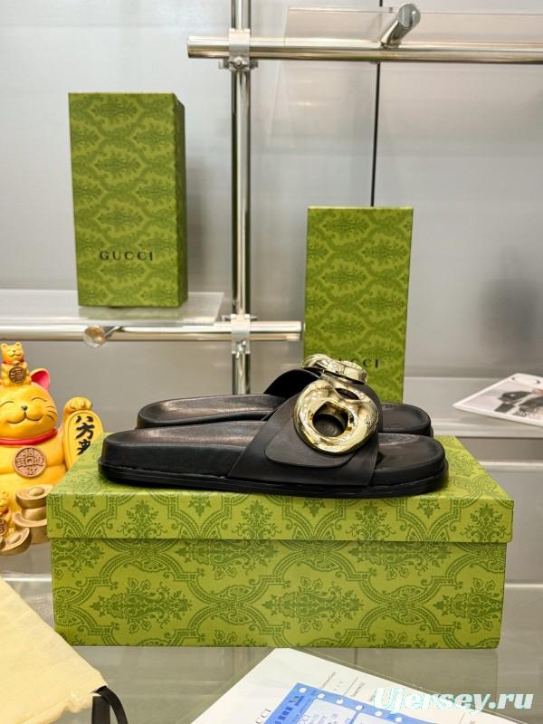 2025 Gucci Black Leather Slippers KFY00210