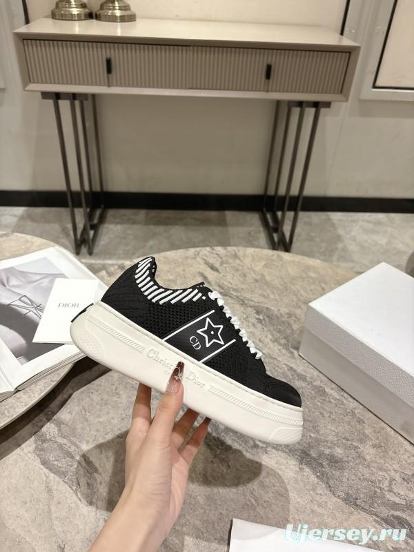 2025 Women Dior Black White Knit Leather Platform Sneakers KFY00330