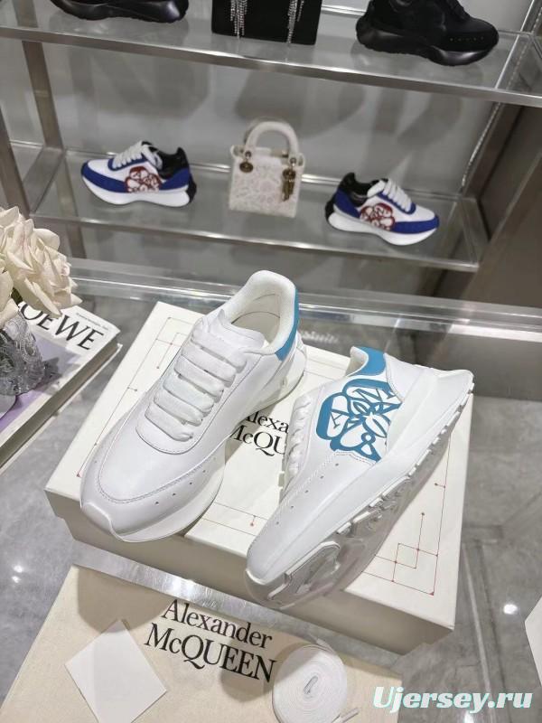 2025 Women Alexander McQueen White Blue Leather Sneakers LY00340