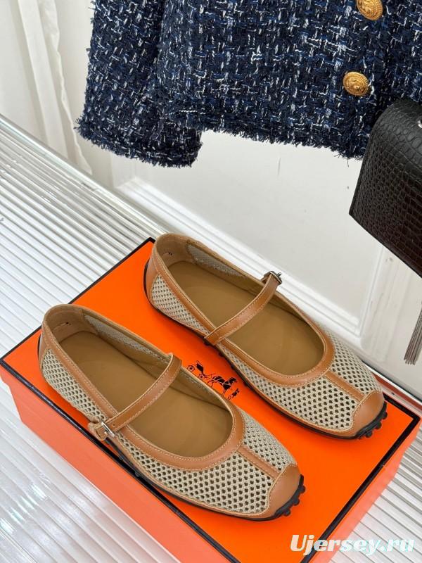 2025 Women Hermès Beige Mesh Leather Mary Jane