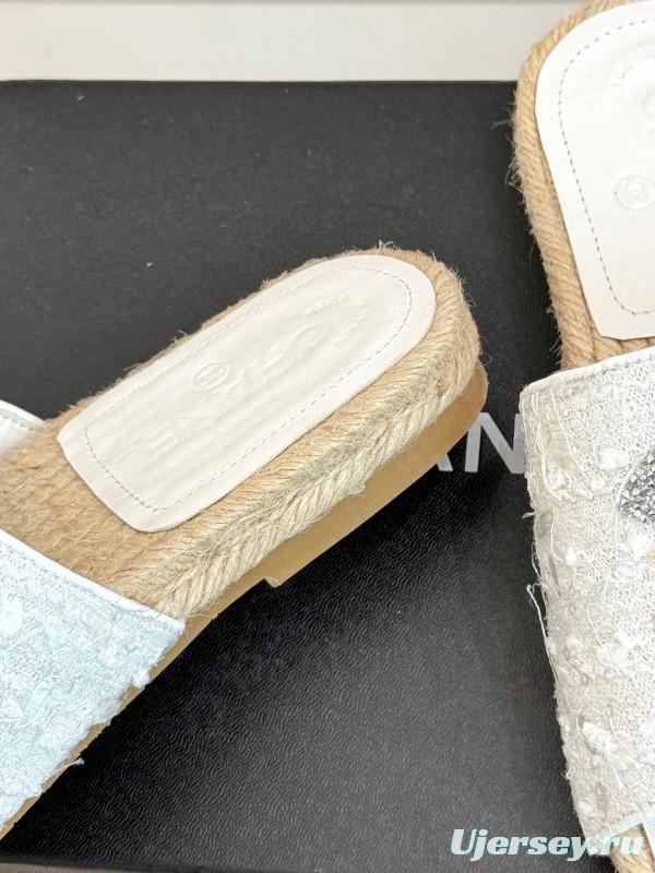 2025/Women Chanel White Lace Espadrille Slide Sandals Handwoven Jute Sole KFY00240(F)