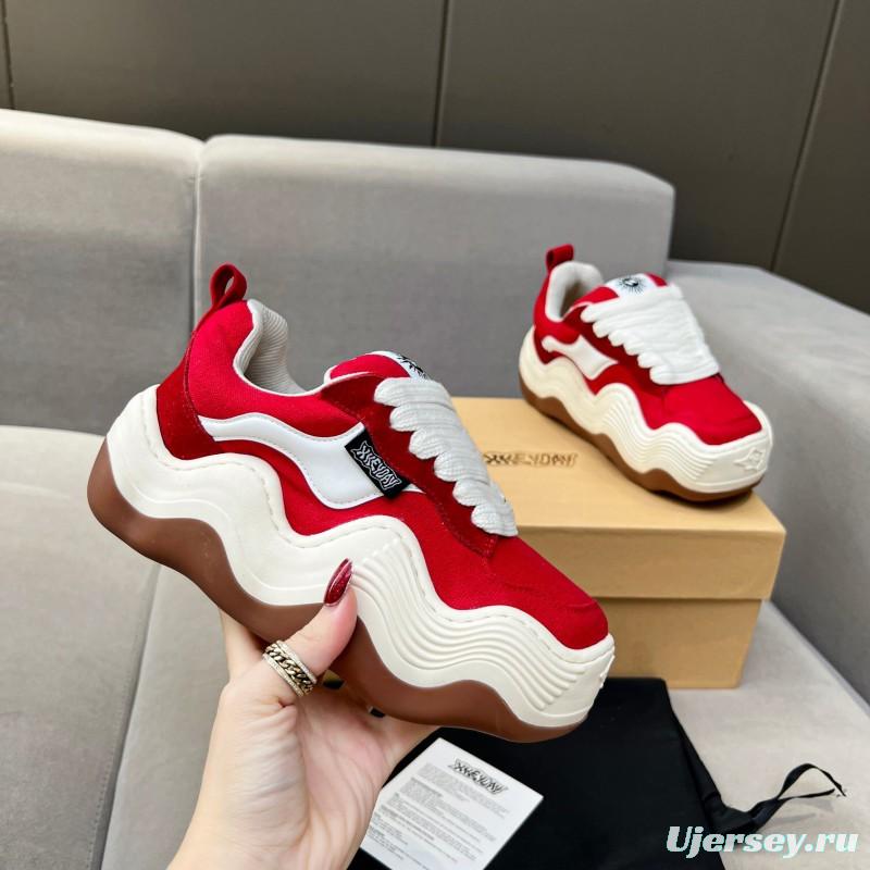 2025 Women HEYDAY Red White Canvas Leather Wave Sneakers