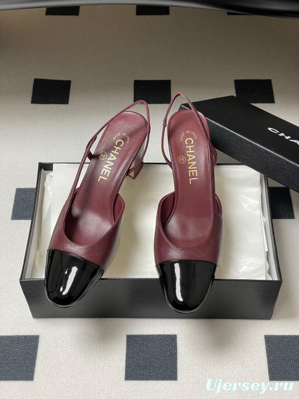 2025 Women Chanel Burgundy Black Leather Sling-back Chunky Heel