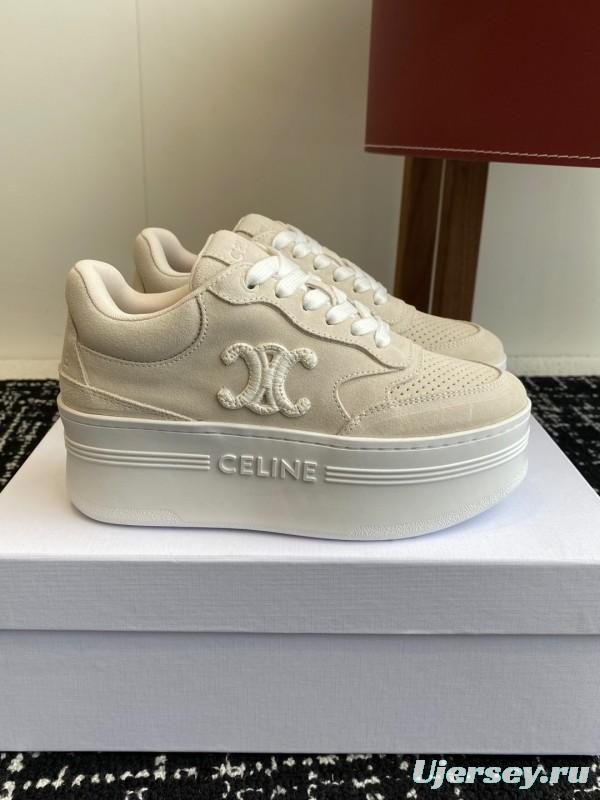 2025 Women Celine Beige Suede Platform Sneakers KFY00320