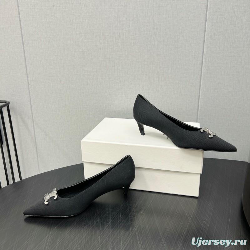 2025 Women Celine Black Fabric Pointed Toe Metal Buckle Pumps