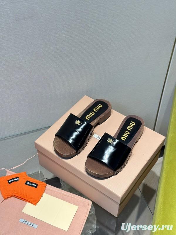 2025 Women Miu Miu Black Leather Slippers